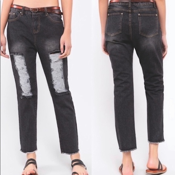 #4016 POL Women’s Black Denim Boyfriend Distressed Jeans - Picture 4 of 15